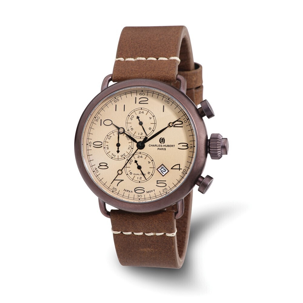 Kazi Luxury Mens Charles Hubert Brown IP-plated Leather Band 46mm Dual Time
